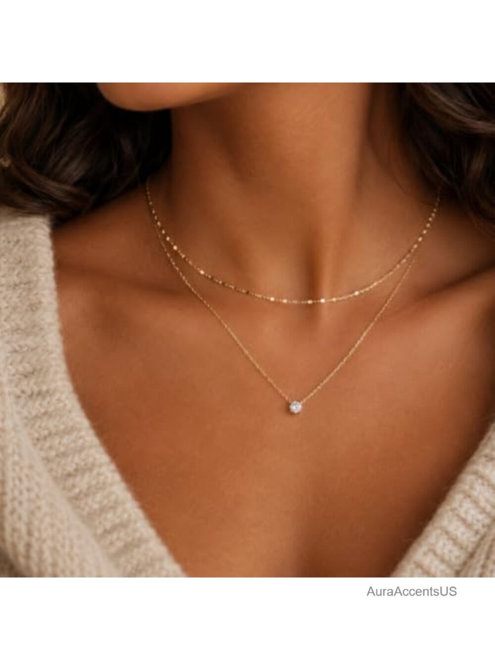 Layered Necklace Set Women Cubic Zirconia Pendant 14K Gold Silver Plated Double - Picture 4 of 6